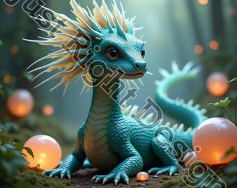 Mystical Blue Baby Dragon Digital Art Print, Fantasy Creature Wall Decor, Magical Dragon Poster, Instant Download Printable