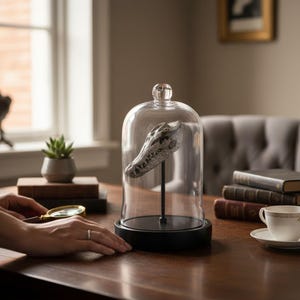 May include: A decorative display featuring a detailed crocodile skull encased in a clear glass cloche. The skull is mounted on a black stand, set on a black base. The cloche is topped with a clear glass knob. The display is on a wooden table.
