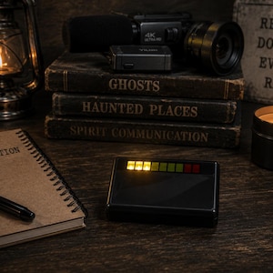 May include: A black rectangular electromagnetic field detector with illuminated yellow and green indicator lights, positioned near a tan spiral-bound investigation log, a black pen, a vintage lantern, three stacked books, and a black candle.