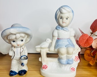Vintage Blue & White Porcelain Figurines | Boy and Girl Statue Set