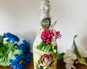 Shabby Chic Tulip Decoupage Wine Bottle Vase | Mixed Media Cottagecore Home Decor