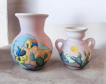 Vintage Southwestern Pink Pottery Vases – Hand-Painted Desert Cactus Ceramic Set