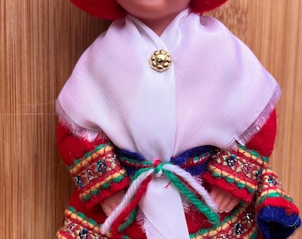 Vintage Lapland Finnish Girl Doll in Traditional Clothing Red Dress Shawl 7 1/2" NEW