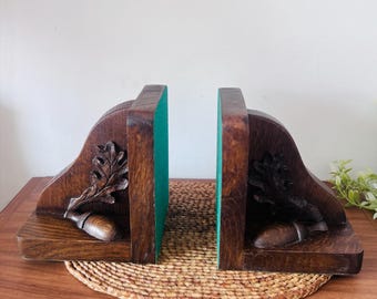 Hand Carved Oak Leaf Acorn Bookends | Vintage Solid Hardwood Forest Decor