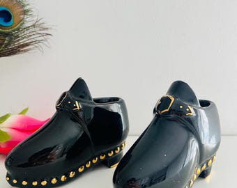Vintage Black Gold Ceramic Clogs | Puritan Style Planters, Posy Vases