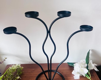 Black Metal Wavy Candelabra | 4-Arm Tealight Holder | Postmodern Squiggle Centerpiece