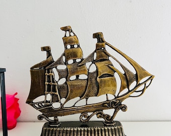 Vintage Brass Sailing Ship Bookend  HMS Victory Galleon Nautical Decor
