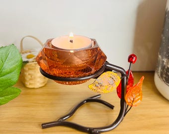 Autumn Leaf Metal Branch Tealight Holder with Amber Glass Votive – Fall Botanical Decor