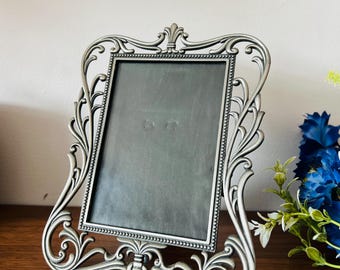 Vintage Pewter Scroll Picture Frame | Ornate Baroque Style Photo Holder (5x3.5 Inch)