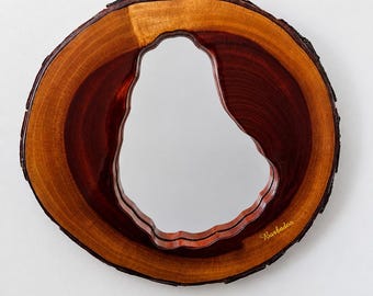 Vintage Barbados Live Edge Mahogany Wall Mirror - Handcrafted Wood Slice Souvenir Art