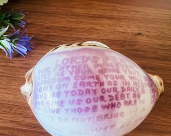 Engraved Cowrie Shell Lord's Prayer Art, Natural Beach Christian Decor.