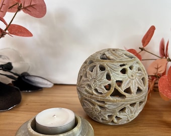 Handcarved Soapstone Tealight Holder: Boho Rustic Unique Home and office Decor.