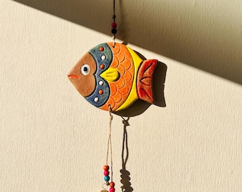 Handmade Terracotta Fish Wall Hanging with Bells, Colorful Boho Coastal Decor