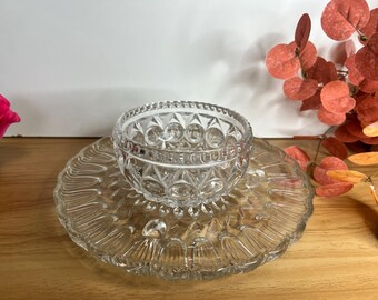 Vintage Pressed Glass Snack Set – Clear Serving Bowl and Plate