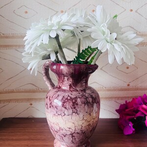 Vintage Marbled Ceramic Pitcher Vase - Burgundy Purple and Beige Mottled Glaze Jug with Handle, Mid-Century Modern Art Pottery, Cottagecore