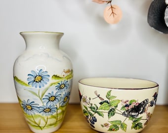 Hand-Painted Ceramic Vase & Botanical Bowl Set – Vintage Floral Decor, Cottagecore Home Accent