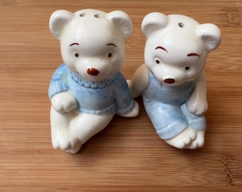 Vintage Ceramic Bear Salt and Pepper Shakers: Adorable Blue Couple