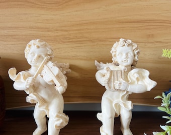 Vintage Musical Cherub Figurines Set, Off-White Resin Angels Playing Violin, Lyre, Baroque Decor