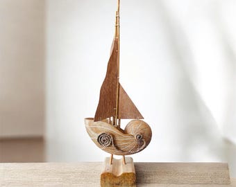 Large Hand Carved Wooden Nautilus Sailboat Sculpture, Coastal Nautical Decor