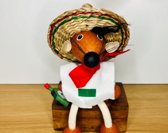 Handcrafted Wooden Mexican Mouse, Fiesta Shelf Sitter Decor