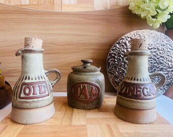 Vintage Tremar Stoneware Condiment Set – Oil, Vinegar, Jam Jugs – 1970s Retro Kitchen Decor