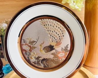 Plato japonés antiguo Chokin Art / Plato de colección de pavo real de 1983, porcelana, borde de oro de 24 quilates