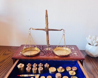 Vintage Brass Apothecary Scale, Carved Wood Drawer, Gold Weights, Tweezers