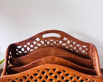 Vintage Hand Carved Wooden Letter Rack | Jali Cut-Out 3-Tier Desk Sorter | Boho Mail Organizer