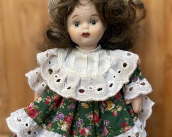 Vintage Porcelain Doll: Floral Dress, Lace Trim, Brunette Curls, 7"