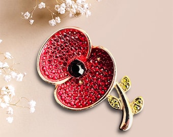 Red Poppy Crystal Brooch – Gold Tone Floral Pin, Statement Jewelry, Elegant Accessory