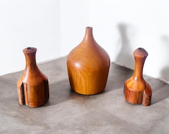 Vintage Mid Century Hand Turned Wooden Bud Vases – Live Edge Trio Set