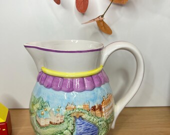 Vintage Hand Painted Leonardo Ceramic Jug – Scenic River Village Design, Collectible Pitcher