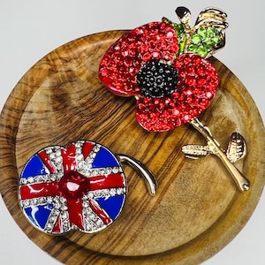 Remembrance Poppy Brooches Set – Crystal Red Poppy & Union Jack Pin