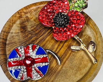 Remembrance Poppy Brooches Set – Crystal Red Poppy & Union Jack Pin