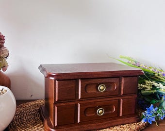 Vintage Wooden Jewelry Box Chest, Mid Century Vanity Organizer with Mirror, Drawer Storage