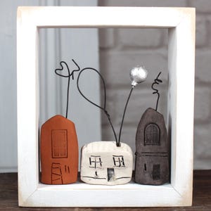 Handmade Ceramic Houses in White Frame – Miniature Village with Silver Balloon – Whimsical Pottery Art