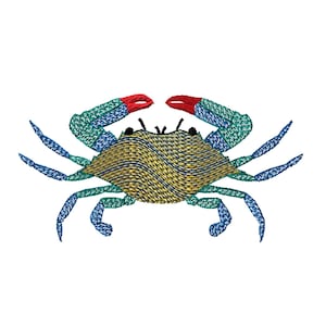 Puede incluir: Un cangrejo azul y verde con pinzas rojas. El cangrejo tiene un caparazón rayado amarillo y azul.