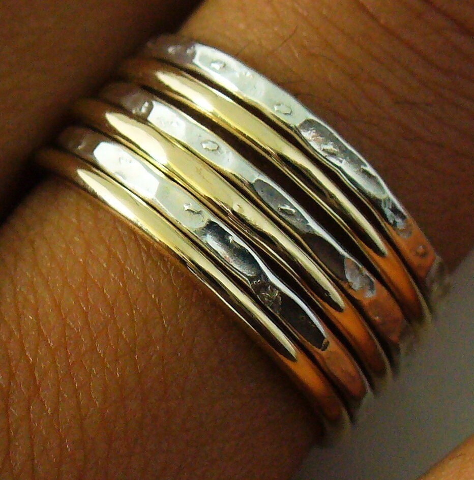 Stack Bands Rings Stack Ring Set of 6 Polished Gold Band Hammered Silver Band Stacking ...
