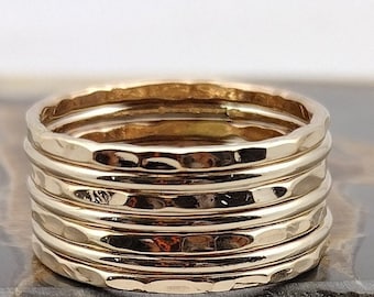 Gold Band Ring Stack Hammered and Polished Mixed 7 Band Gold Stacking Ring Set