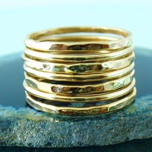 Gold Band Ring Stack Hammered and Polished Mixed 7 Band Gold Stacking Ring Set image 9