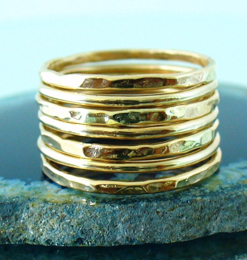 Gold Band Ring Stack Hammered and Polished Mixed 7 Band Gold Stacking Ring Set image 9