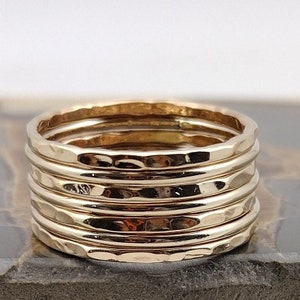 Gold Band Ring Stack Hammered and Polished Mixed 7 Band Gold Stacking Ring Set image 1