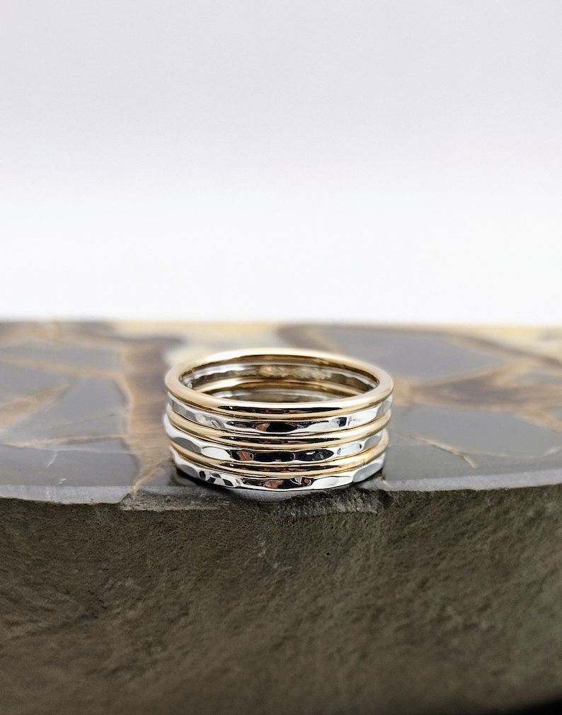 Stack Ring Set of 6 Smooth Gold Band Hammered Silver Band Stacking Ring Set Mix Sizes in Your Set for Midi Rings Stackable Thumb Ring Set image 5