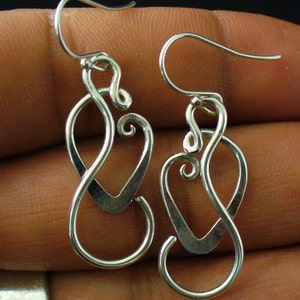 Handmade Sterling Silver Twisted Wire Silver Earrings Dangle Earrings Sterling Silver Heart Earrings Unique Gift for Women 1 inch Long 2.5cm image 1