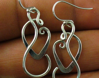Handmade Sterling Silver Twisted Wire Silver Earrings Dangle Earrings Sterling Silver Heart Earrings Unique Gift for Women 1 inch Long 2.5cm
