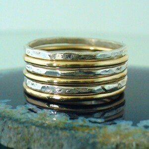 Stack Ring Set of 6 Smooth Gold Band Hammered Silver Band Stacking Ring Set Mix Sizes in Your Set for Midi Rings Stackable Thumb Ring Set image 6