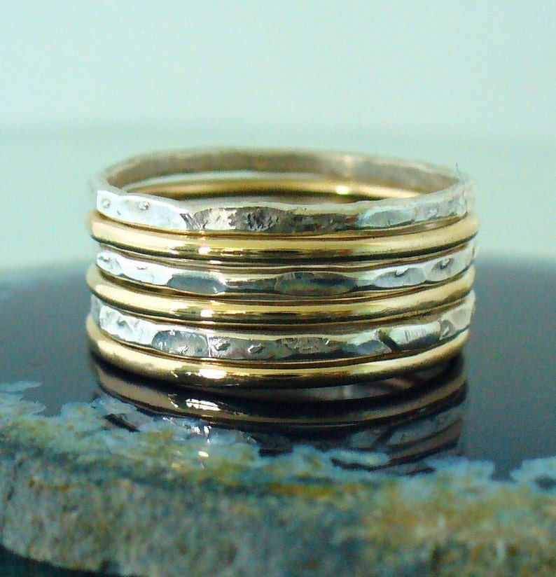 Stack Ring Set of 6 Smooth Gold Band Hammered Silver Band Stacking Ring Set Mix Sizes in Your Set for Midi Rings Stackable Thumb Ring Set image 6