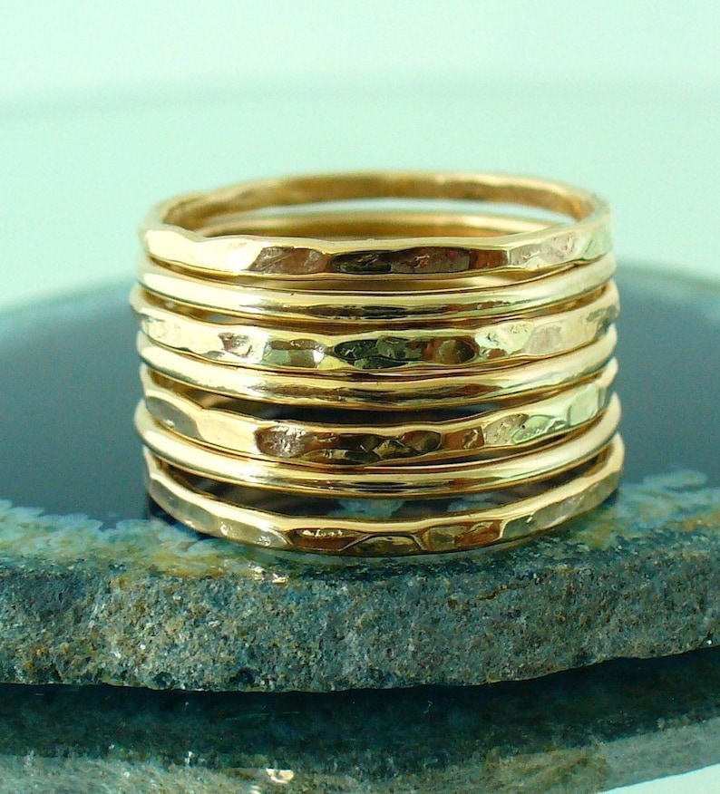 Gold Band Ring Stack Hammered and Polished Mixed 7 Band Gold Stacking Ring Set image 7