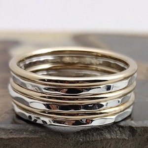 Stack Ring Set of 6 Smooth Gold Band Hammered Silver Band Stacking Ring Set Mix Sizes in Your Set for Midi Rings Stackable Thumb Ring Set image 1