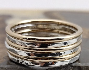 Stack Ring Set of 6 Smooth Gold Band Hammered Silver Band Stacking Ring Set Mix Sizes in Your Set for Midi Rings Stackable Thumb Ring Set